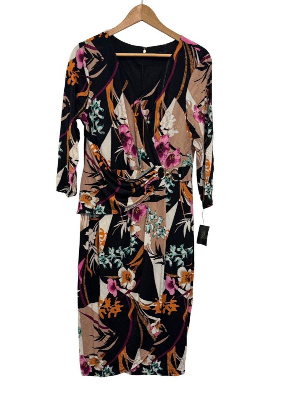 Talia Sodi Womens Floral Wrap Dress Large Black Multi-Color Long Sleeve V-Neck